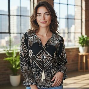 Colleen Lopez Bohemian Blouse Black/Cream/Coco Brown Embroidered gold tassels